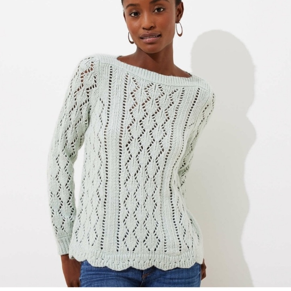 LOFT Mint Green Pointelle Open Knit Sweater Boat Neck Scallop Hem Small